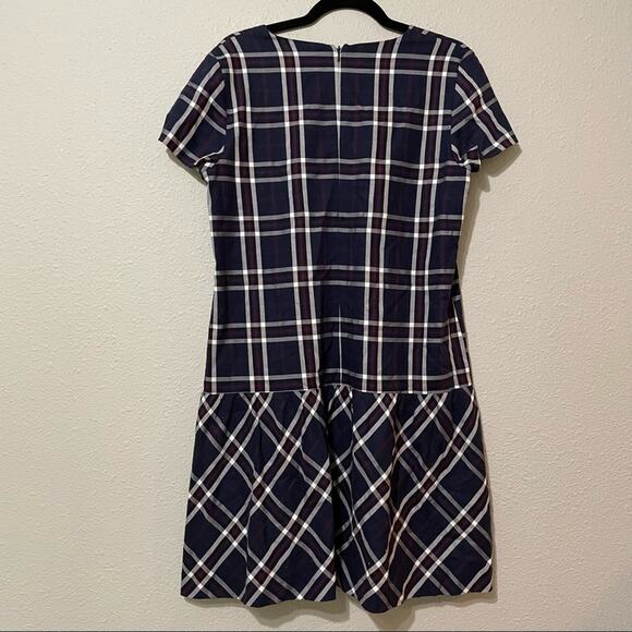 Halogen Blue Plaid Dark Academia Sheath Dress Womens MP Short Sleeve Peplum - Picture 8 of 8